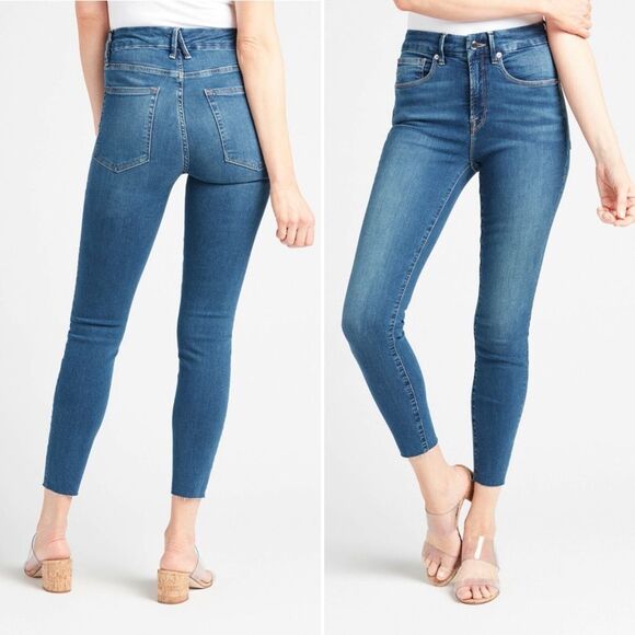 Good American Jeans Good Waist Crop Ankle Raw Edge Blue Wash Women’s Size 25 | 0 - Picture 1 of 15